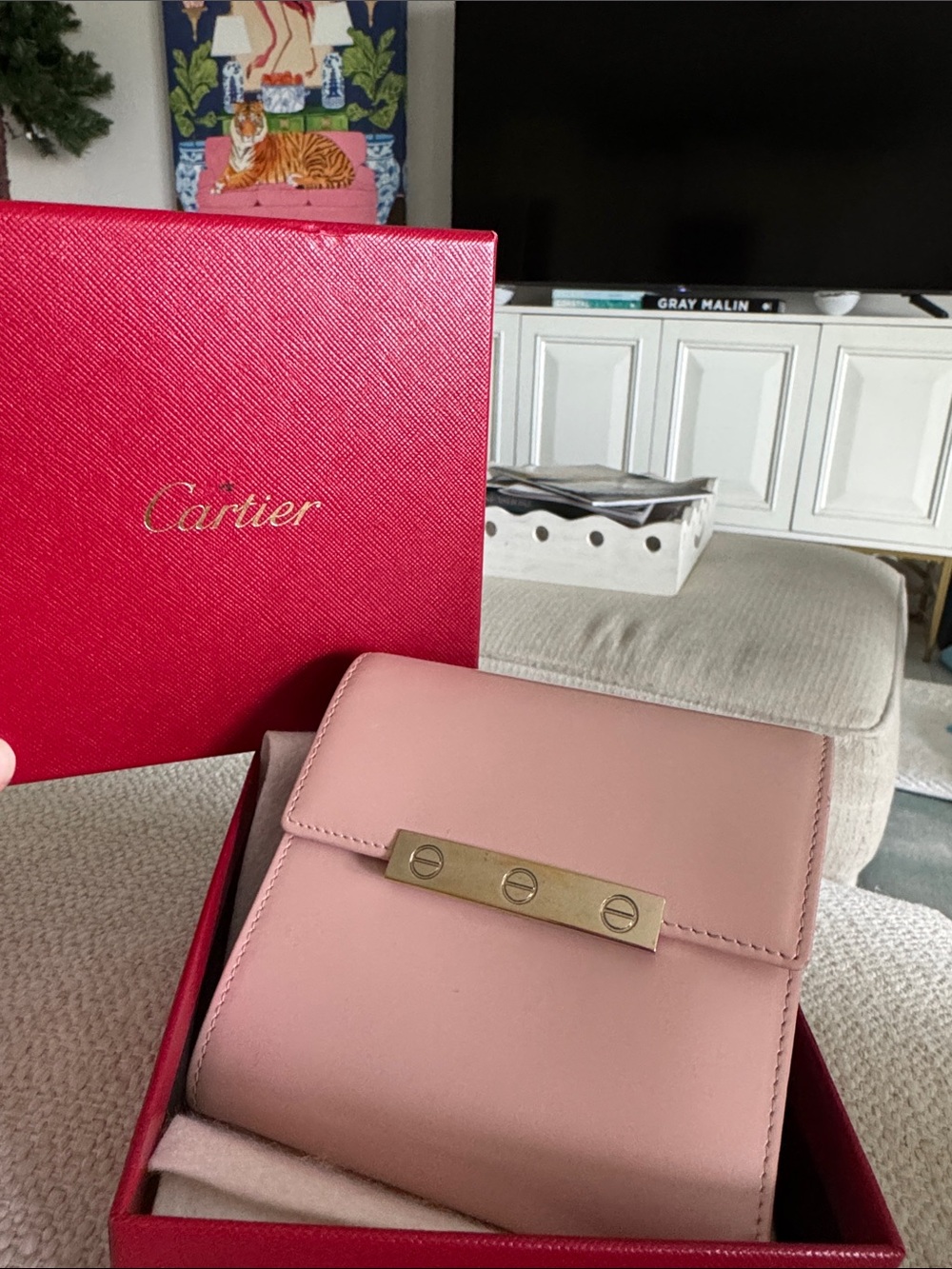 Cartier Love Pink Leather Compact Wallet with Gold-Tone Bar in Box EUC